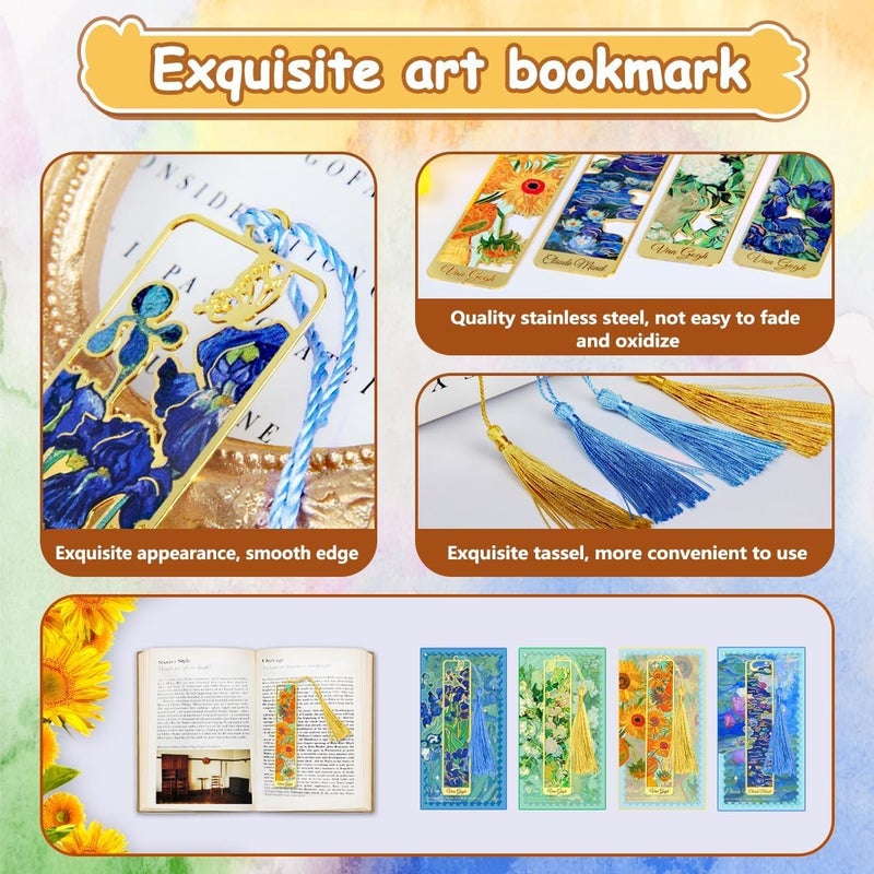 OFIFO ® Metal Bookmark Set of 4 with Tassel, Gold Hollow Van Gogh Design, Artistic Book Marker for Readers, Unique Gift for Book Lovers, Students, Men, Women, Kids. - Image 3