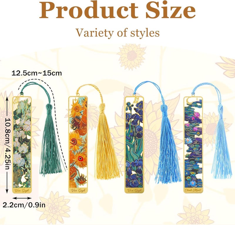 OFIFO ® Metal Bookmark Set of 4 with Tassel, Gold Hollow Van Gogh Design, Artistic Book Marker for Readers, Unique Gift for Book Lovers, Students, Men, Women, Kids. - Image 2