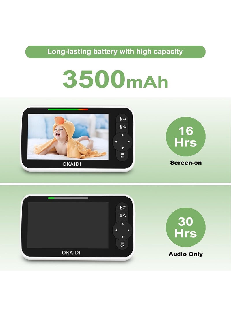 Okaidi OKAIDI Baby Monitor with Camera and Audio, 5" Large Screen with 30-Hour Battery, 1000ft Range Video Baby Monitor, Remote Pan-Tilt-Zoom Baby Monitor No WiFi, Night Vision, VOX, 2-Way Talk, 8 Lullabies  - Image 3