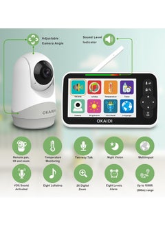 Okaidi OKAIDI Baby Monitor with Camera and Audio, 5" Large Screen with 30-Hour Battery, 1000ft Range Video Baby Monitor, Remote Pan-Tilt-Zoom Baby Monitor No WiFi, Night Vision, VOX, 2-Way Talk, 8 Lullabies  - Image 2