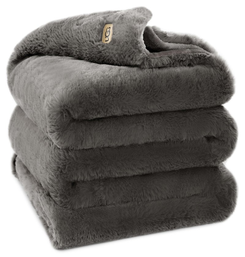 UGG Euphoria Plush Faux Fur Throw Blanket Medium Weight Reversible Luxury Soft Throw for Couch Bed or Chair Hypoallergenic Machine Washable Home Decor Blanket 50inch x 70inch Charcoal Dark Grey