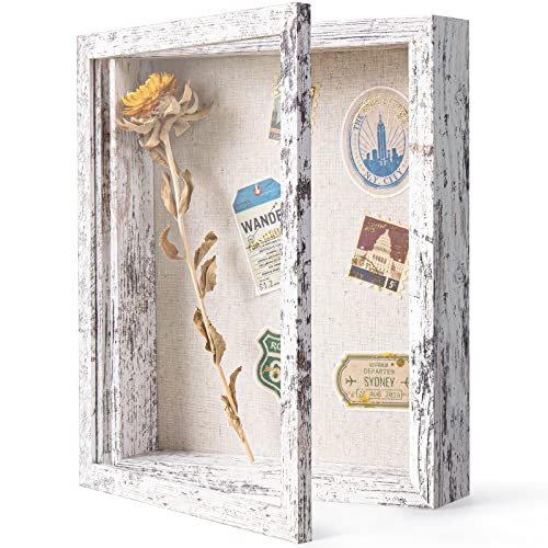 Califortree Outside 8x10 Shadow Box Frame with Linen Back - Real Glass, Push Pins Included, Sturdy Rustic Memory Display Case, Fits Photos or Items Under 6x8, Distressed White - Image 1