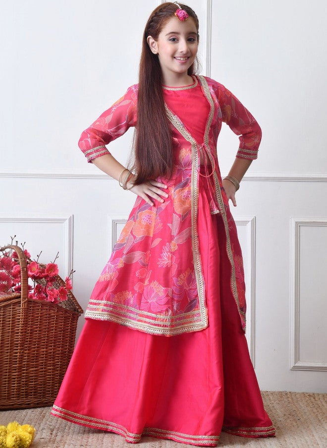 Indi-Loom Couture Girls Printed Round Neck Ready to Wear Lehenga Choli With Jacket - Image 1
