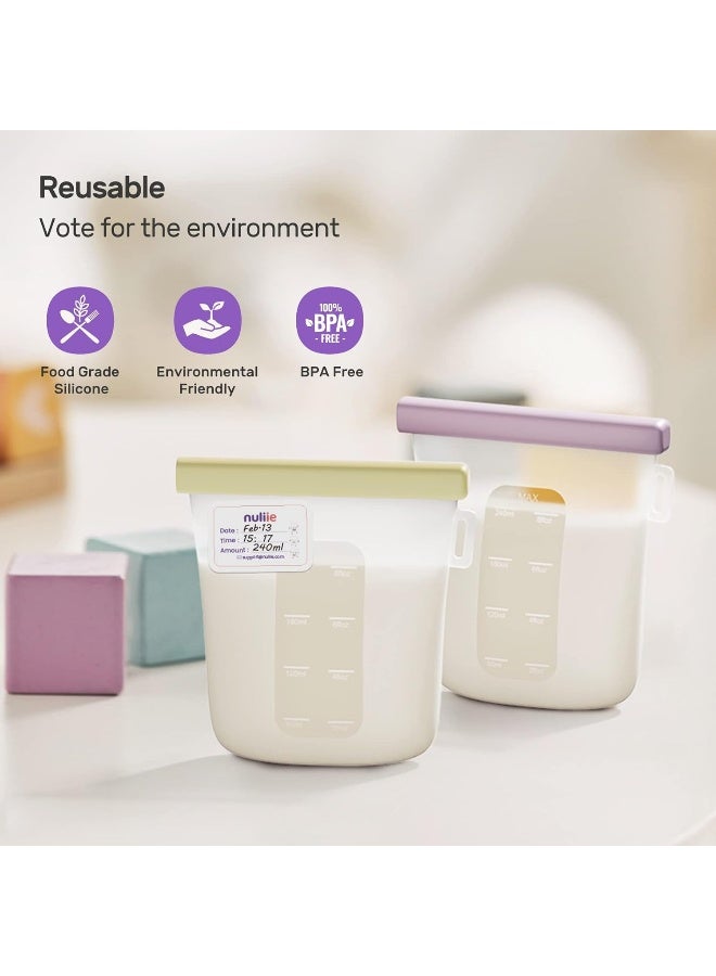 Nuliie 7 Pcs Silicone Breastmilk Storage Bags Reusable, 8oz/240ml Double Leak-Proof Breastmilk Freezer Bags, BPA Free Self-Standing Milk Bags for Breastfeeding, Baby Food Pouches - Image 4