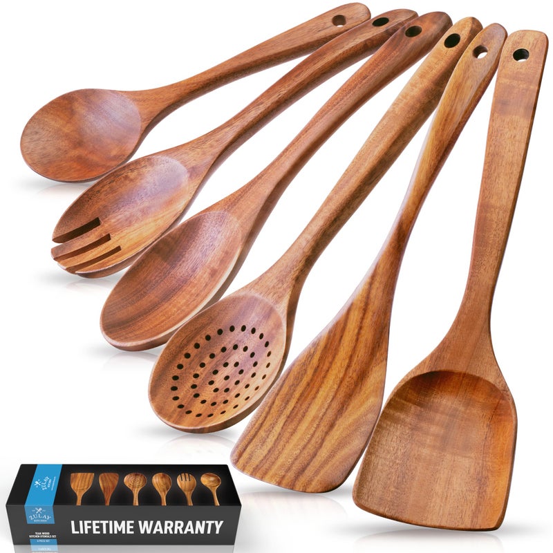 Zulay Kitchen 6-Piece Wooden Cooking Spoons Set â€“ Heat-Resistant, Smooth Teak Utensils with Comfort Grip â€“ Lightweight & Durable â€“ Easy to Clean, Perfect for Non-Stick Cookware - Image 1