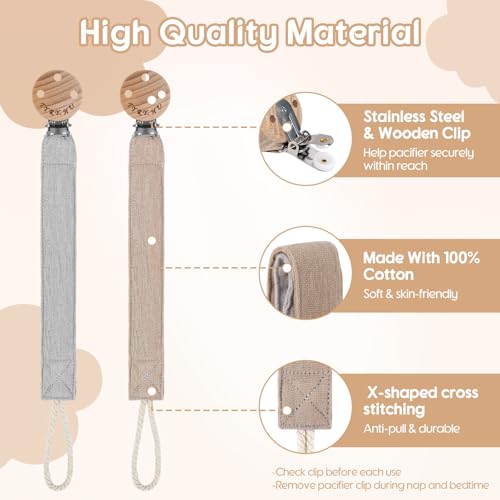 TYRY.HU Ribbon Pacifier Clip Holder,2 Pack Binky Paci Holder Clips, Pacifier Leash for Baby Boys and Girls, Soft Webbing Strap Universal Fits for Most Pacifier, Styles & Teethers Toys(Khaki,Grey) - Image 3