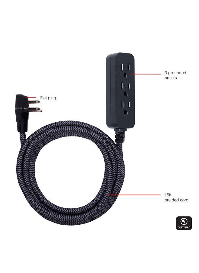 GE شريط طاقة GE 3Outlet واقي من زيادة التيار بطول 15 قدمًا، سلك تمديد مضفر طويل، واقي من زيادة التيار، شريط طاقة، سلك تمديد بمقبس مسطح 250 جول، مدرج في قائمة UL، أسود 44237  - Image 3