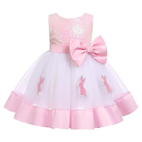 IBAKOM Infant Baby Toddler Girl Easter Outfits Pink Bunny Shiny Sequins Tulle Tutu Dress Birthday Cake Smash Outfits Baptism Christening Dress Baby Girl Christmas Pageant Dress Pink Bunny 6-12 Months - Image 1
