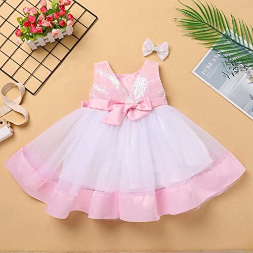 IBAKOM Infant Baby Toddler Girl Easter Outfits Pink Bunny Shiny Sequins Tulle Tutu Dress Birthday Cake Smash Outfits Baptism Christening Dress Baby Girl Christmas Pageant Dress Pink Bunny 6-12 Months - Image 3