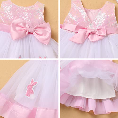 IBAKOM Infant Baby Toddler Girl Easter Outfits Pink Bunny Shiny Sequins Tulle Tutu Dress Birthday Cake Smash Outfits Baptism Christening Dress Baby Girl Christmas Pageant Dress Pink Bunny 6-12 Months - Image 2