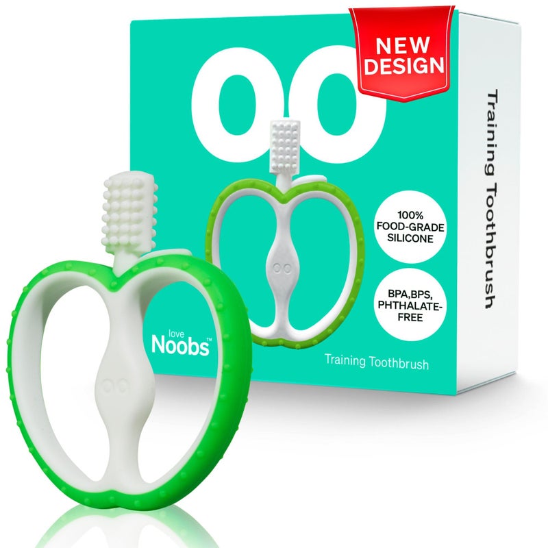 Love Noobs Easy Grip Baby Teething Toothbrush for 4-12 Months by LoveNoobsâ„¢, Safe Design, Gentle Bristles for Sensitive Gums, BPA Free Food-Grade Silicone Toothbrush Teether, Green - Image 1