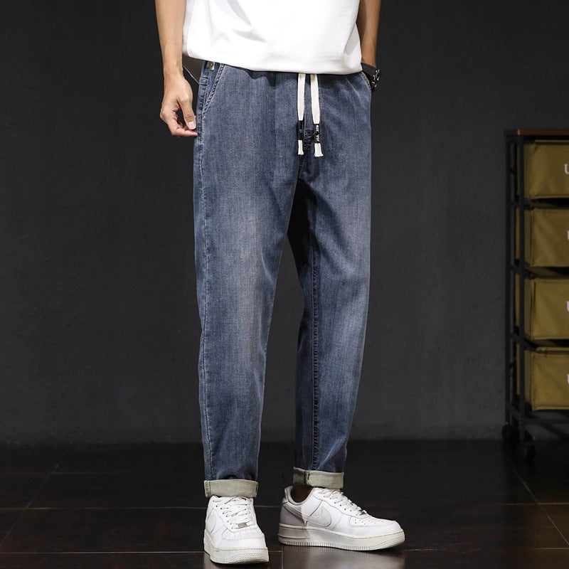 8208 | plus size Men''s Summer New Elastic Waist Retro Jeans Men''s Loose Harem Stretch Leg Trousers - Image 4