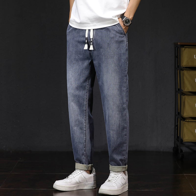 8208 | plus size Men''s Summer New Elastic Waist Retro Jeans Men''s Loose Harem Stretch Leg Trousers - Image 3
