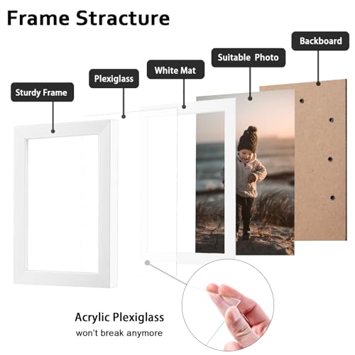 KINLINK 5x7 Picture Frame White Set of 4, Wooden Photo Frames Matted 4x6 with Plexiglass for 4x6 with Mat or 5x7 without Mat for Table and Wall Display - Image 2