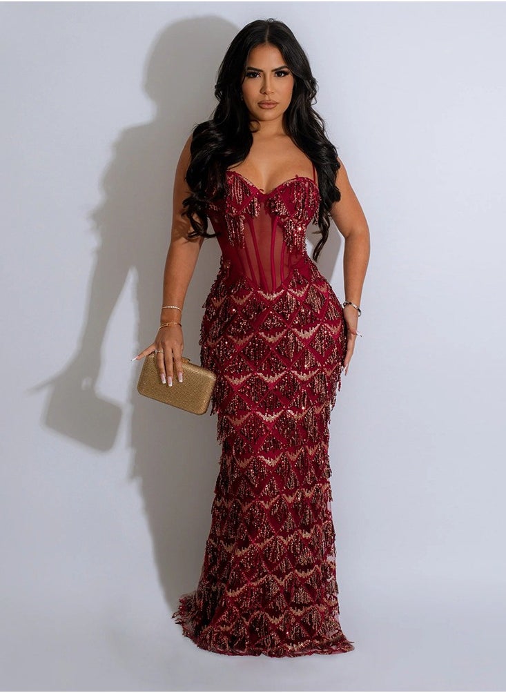 NIBEMINENT Elegant Luxury Celebrity Evening Party Dresses Women‘s Sequined Spaghetti Stap Mesh Patchwork Birthday Prom Vestido  - Image 1