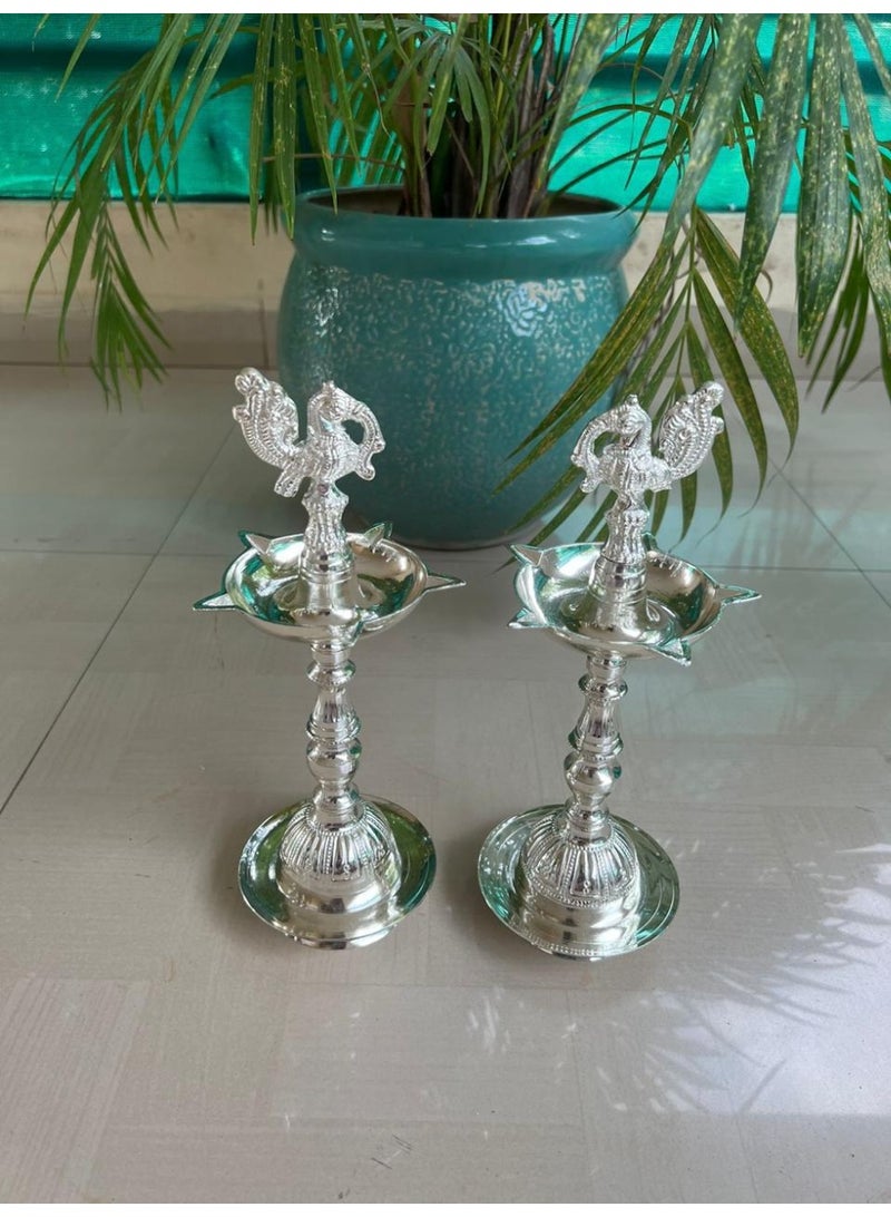 12 inch Peacock Handle German Silver Diya Lamp Deepam / Samai for Home Puja Decor, Size is 12 inches./Diwali decor/Ganpati decor