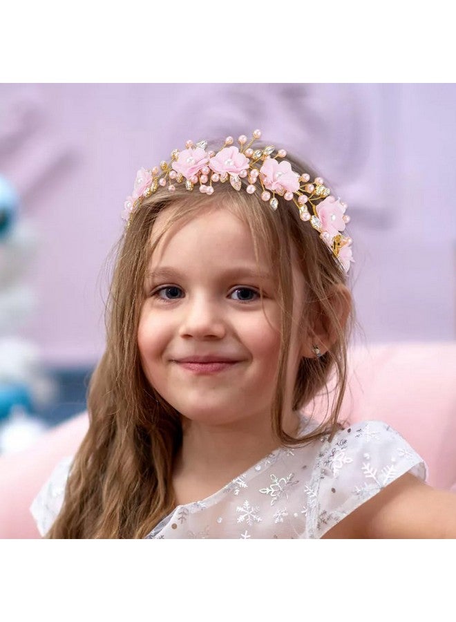 Woeoe Flower Girl Headband Pink Pearl Wedding Headpiece Rhinestone First Communion Hair Accessories for Birthday Party Photography - Image 3