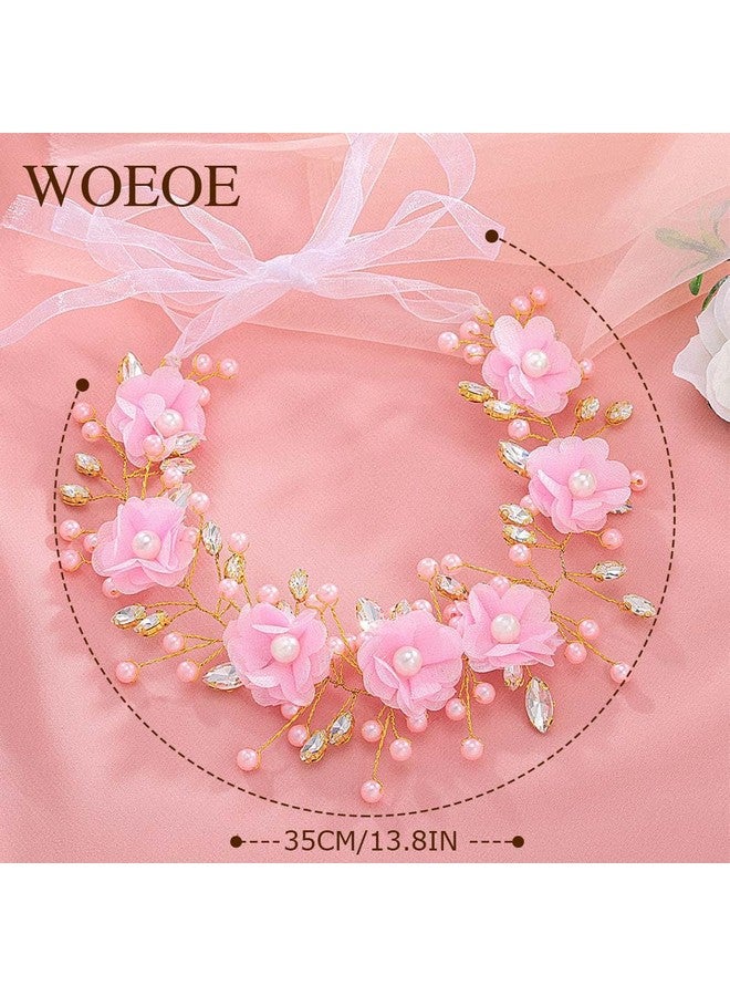 Woeoe Flower Girl Headband Pink Pearl Wedding Headpiece Rhinestone First Communion Hair Accessories for Birthday Party Photography - Image 2