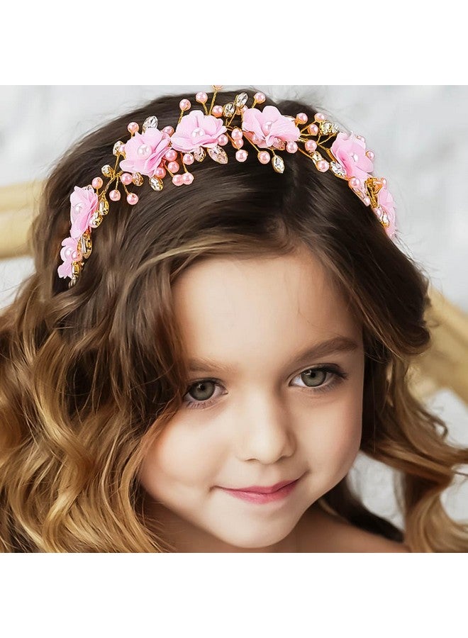 Woeoe Flower Girl Headband Pink Pearl Wedding Headpiece Rhinestone First Communion Hair Accessories for Birthday Party Photography - Image 1
