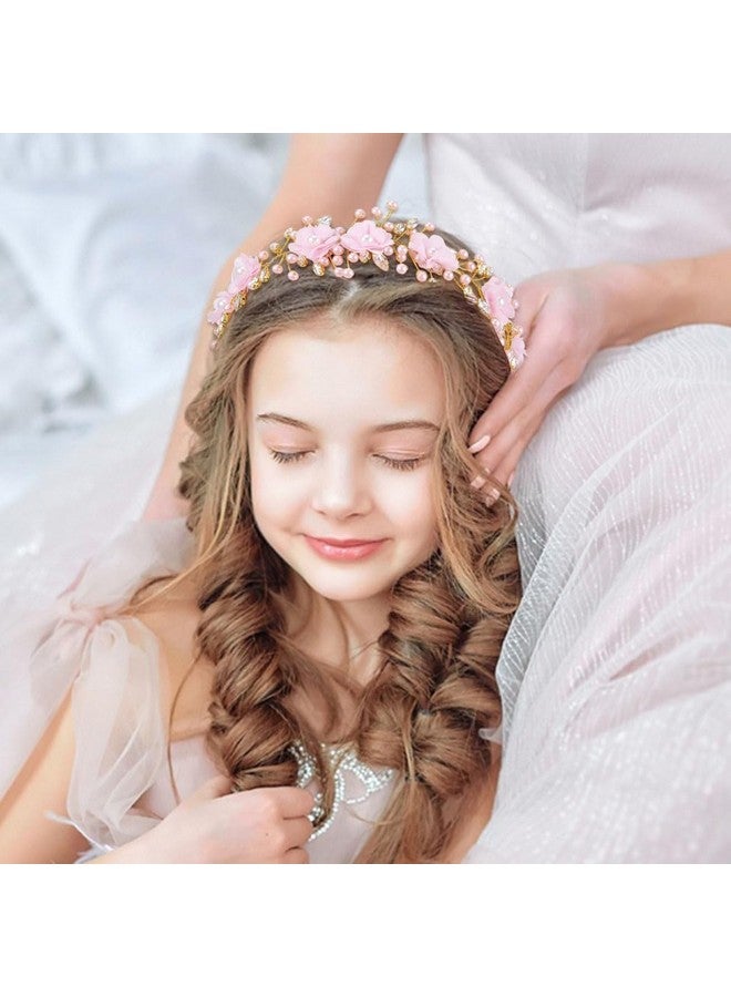 Woeoe Flower Girl Headband Pink Pearl Wedding Headpiece Rhinestone First Communion Hair Accessories for Birthday Party Photography - Image 5