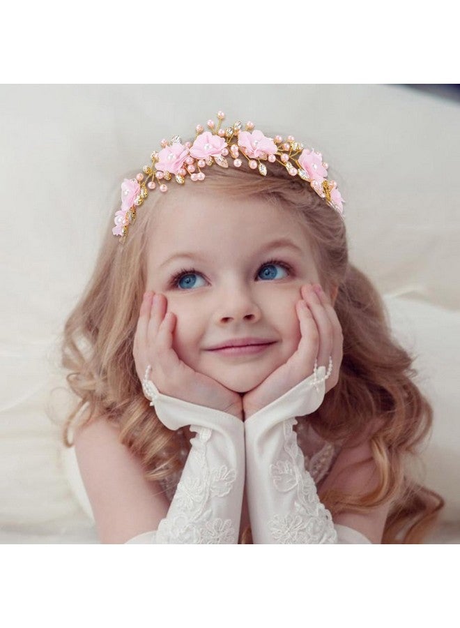 Woeoe Flower Girl Headband Pink Pearl Wedding Headpiece Rhinestone First Communion Hair Accessories for Birthday Party Photography - Image 4