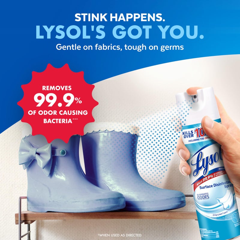 Lysol Disinfectant Spray, Household Essential Cleaning Supplies, Multi-Purpose Room Spray, Antibacterial Sanitizer Spray, Upholstery Deodorizer, Home and Bathroom, Crisp Linen,19 Fl Oz (Pack of 2) - Image 5