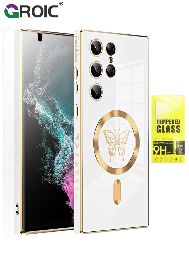 GROIC Case for Samsung Galaxy S24 Ultra 6.8 Inch with HD Glass Screen Protector, Magnetic Case for Women Girl Soft Cute Luxury Butterfly Plating Phone Case Compatible with MagSafe Back Cover - Image 1