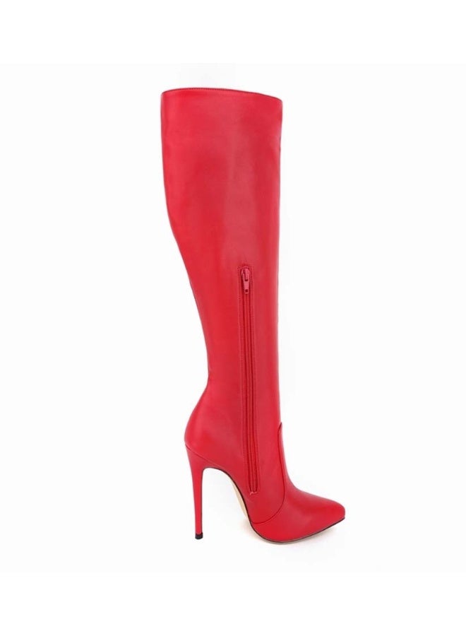 Loquat New autumn and winter style slimming knee-high stiletto heel boots the heel height 10 cm and the shaft length 50 cm Red  - Image 1