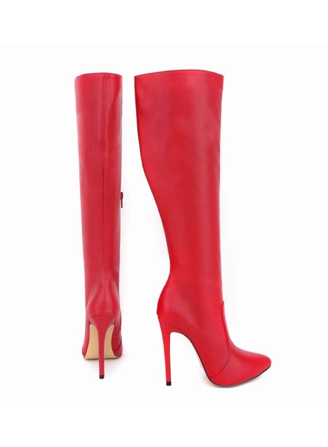 Loquat New autumn and winter style slimming knee-high stiletto heel boots the heel height 10 cm and the shaft length 50 cm Red  - Image 3