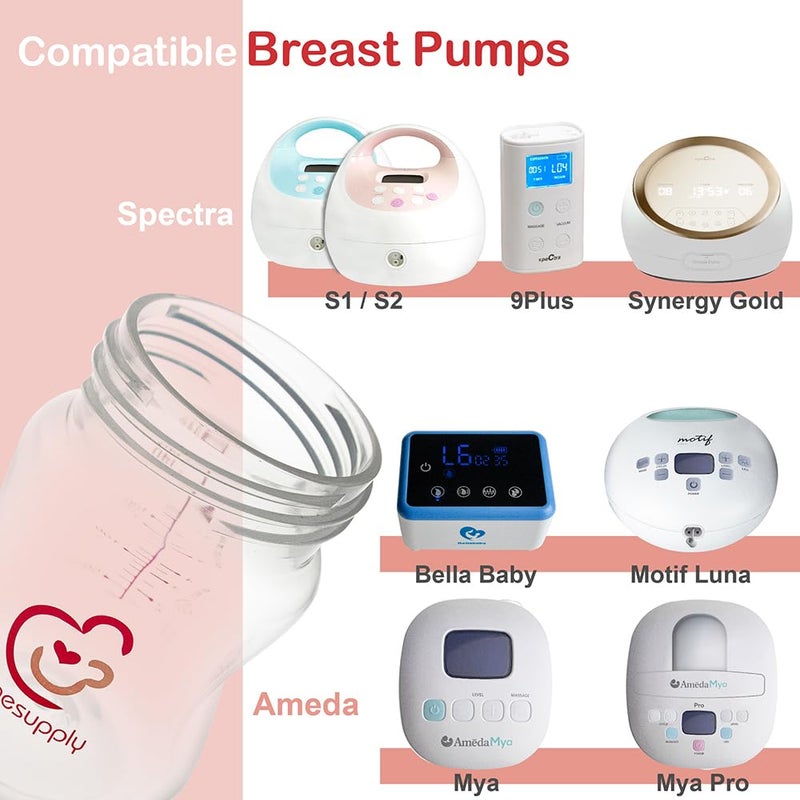 NENESUPPLY مجموعة زجاجات تخزين حليب الثدي NENESUPPLY لشفاطات حليب الثدي Spectra S1 S2 Motif Luna 4 قطع 9 أونص 280 مل مع طوق وقرص إغلاق بديل لزجاجات Spectra لشفط الحليب ذات الفم الواسع - Image 4