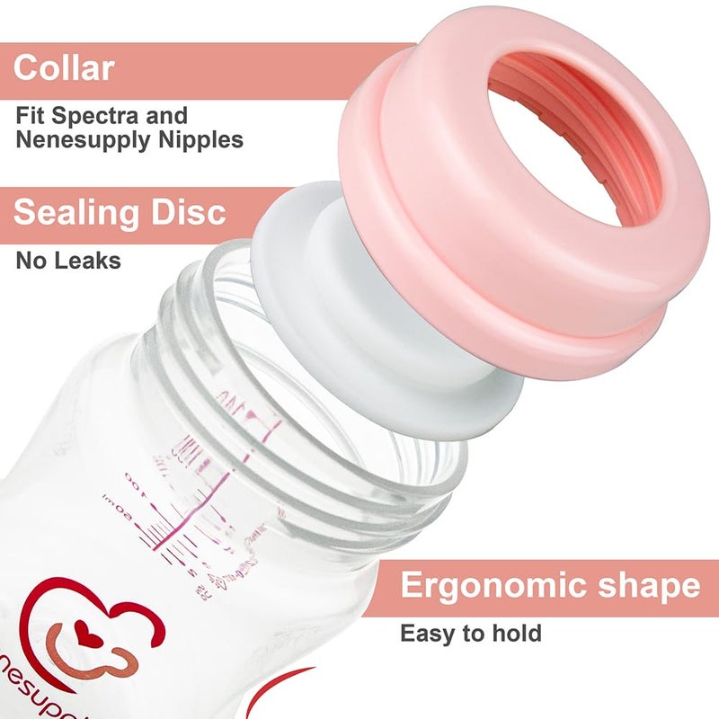 NENESUPPLY مجموعة زجاجات تخزين حليب الثدي NENESUPPLY لشفاطات حليب الثدي Spectra S1 S2 Motif Luna 4 قطع 9 أونص 280 مل مع طوق وقرص إغلاق بديل لزجاجات Spectra لشفط الحليب ذات الفم الواسع - Image 3