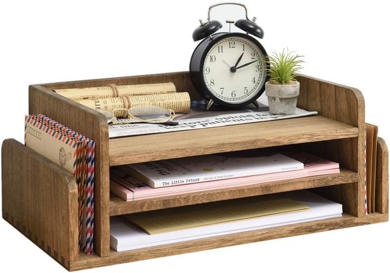 KIRIGEN Wood Desk Organizer 5 Trays - Desktop Document Letter Tray for Folders, Mail,File -Nature 3-Tier Office Mail Sorter Organizer Rack/Telephone Stand/Document Holder Dark Brown(2TP-DBR) - Image 1