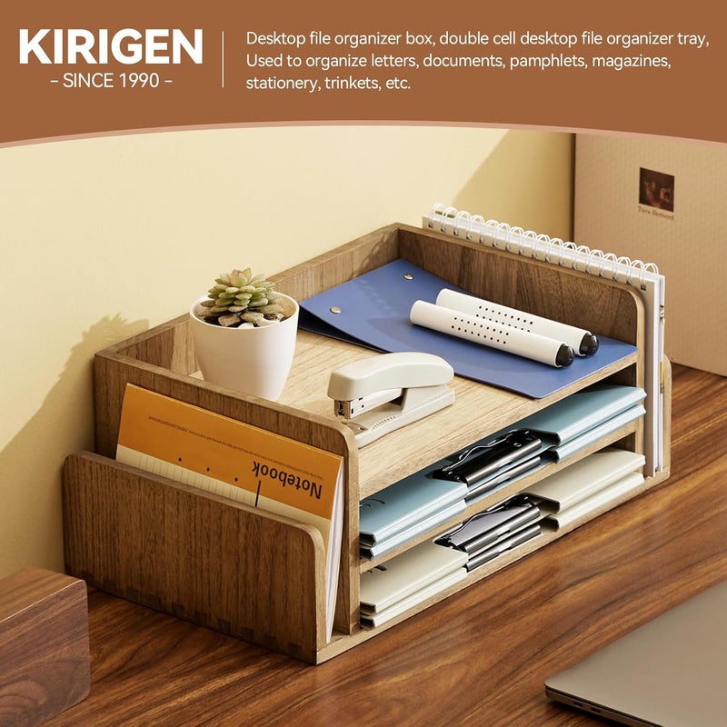 KIRIGEN Wood Desk Organizer 5 Trays - Desktop Document Letter Tray for Folders, Mail,File -Nature 3-Tier Office Mail Sorter Organizer Rack/Telephone Stand/Document Holder Dark Brown(2TP-DBR) - Image 3