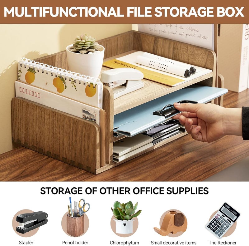 KIRIGEN Wood Desk Organizer 5 Trays - Desktop Document Letter Tray for Folders, Mail,File -Nature 3-Tier Office Mail Sorter Organizer Rack/Telephone Stand/Document Holder Dark Brown(2TP-DBR) - Image 2