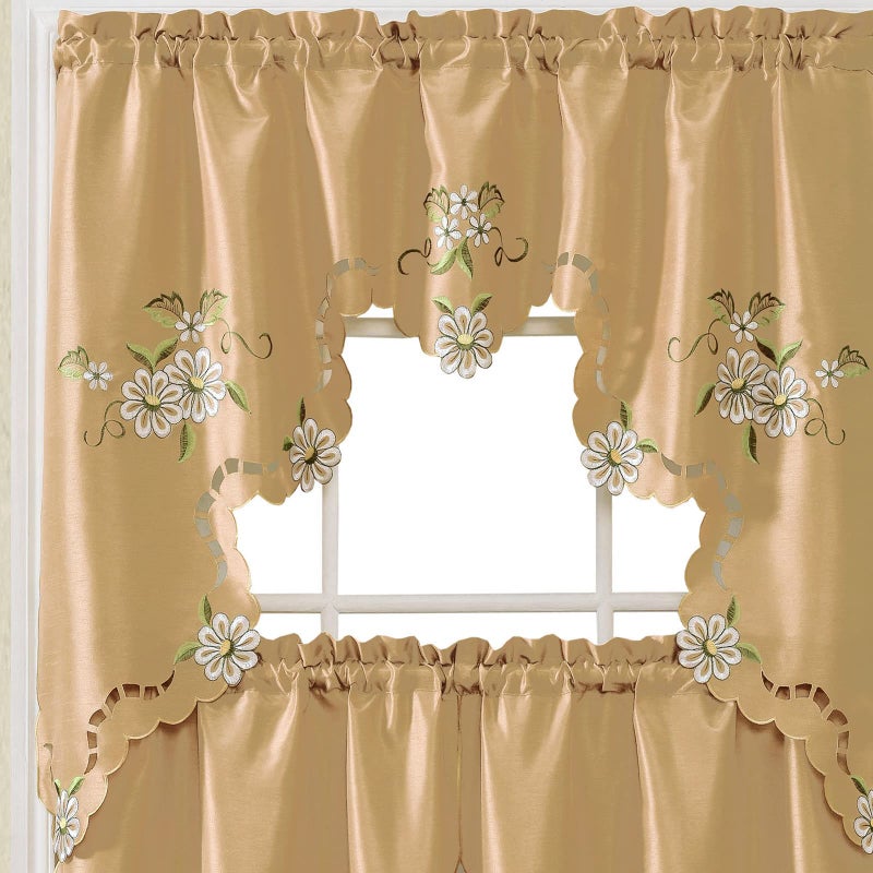 GOHD Golden Ocean Home Decor GOHD Cutwork Floral Kitchen Curtain Set Swag Valance and Tier Set Nice Embroidery on Faux Silk Fabric with cutworks Bronze