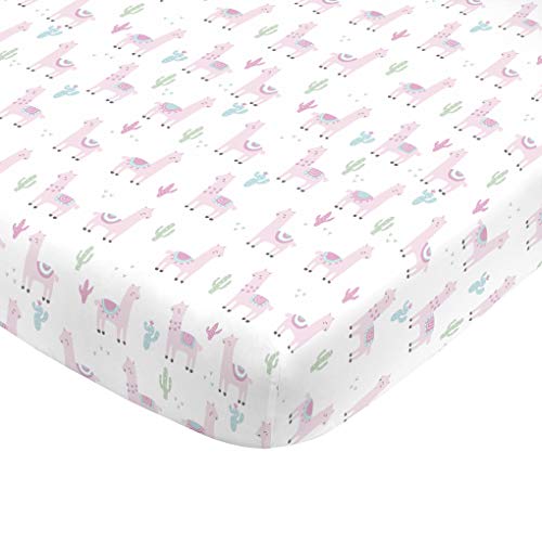 NoJo Super Soft Pink Llama Nursery Mini Crib Fitted Sheet, Pink, White, Green - Image 1