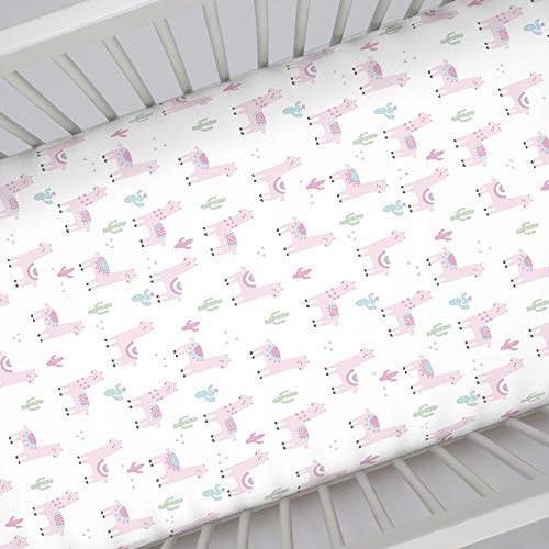 NoJo Super Soft Pink Llama Nursery Mini Crib Fitted Sheet, Pink, White, Green - Image 3