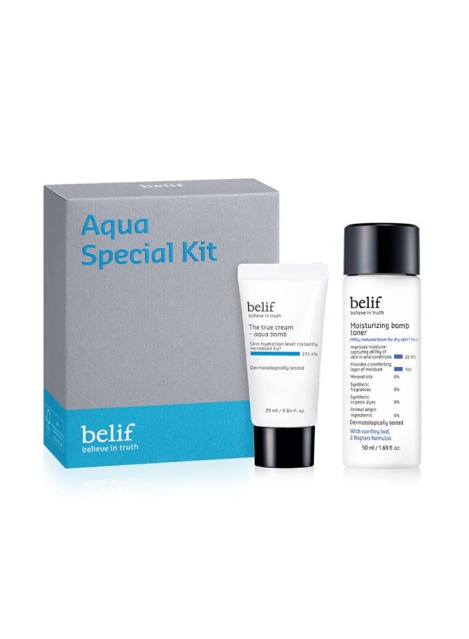 Belif Aqua Special Kit | Hydrating Duo with Aqua Bomb Cream (25ml) & Moisturizing Bomb Milky Toner (50ml) | Lightweight Hydration, Plump & Radiant Skin | Travel & Gift Set - Image 1
