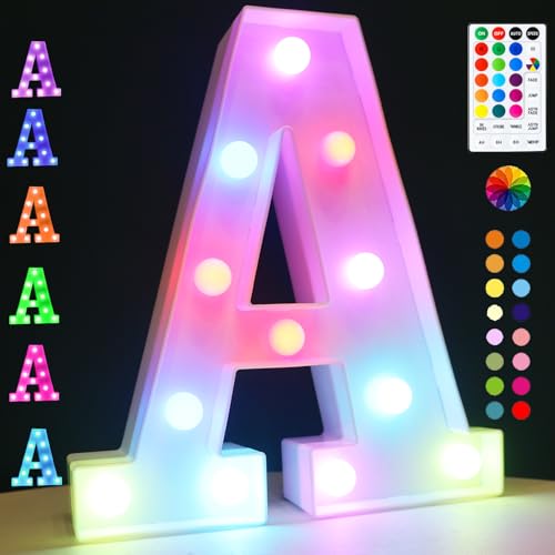 Light Up Colorful LED Marquee Letter lights 18 Colors Changing Alphabet Letters Sign with Remote Timer for Night Light Girls Bedroom Wedding Birthday Party Lamp Christmas Home Bar Decor Colorful A