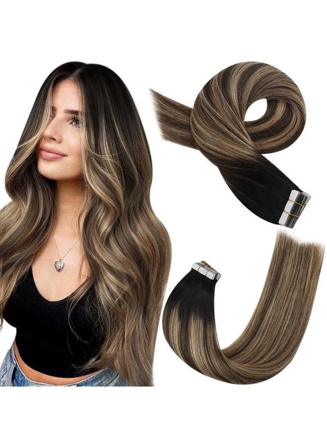 Moresoo Ombre Tape in Extensions Human Hair Tape in Remy Extensions Balayage Black to Brown Mix with Blonde Hair Extensions Real Human Hair Tape in Seamless Hair Extensions 16 Inch #1B/4/14 20pcs 50g - Image 1