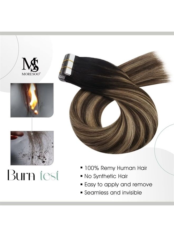 Moresoo Ombre Tape in Extensions Human Hair Tape in Remy Extensions Balayage Black to Brown Mix with Blonde Hair Extensions Real Human Hair Tape in Seamless Hair Extensions 16 Inch #1B/4/14 20pcs 50g - Image 2