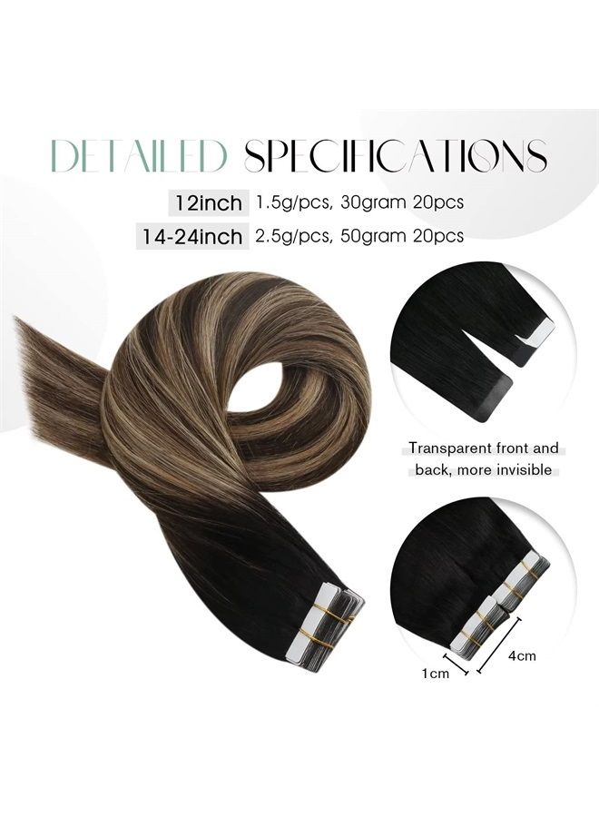 Moresoo Ombre Tape in Extensions Human Hair Tape in Remy Extensions Balayage Black to Brown Mix with Blonde Hair Extensions Real Human Hair Tape in Seamless Hair Extensions 16 Inch #1B/4/14 20pcs 50g - Image 4