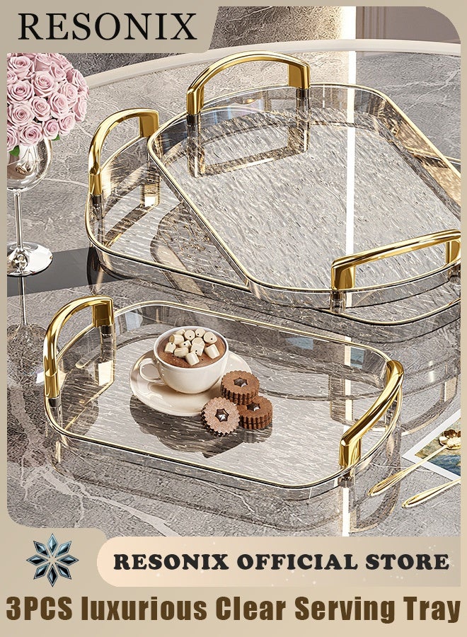 RESONIX 3 PCS  luxurious Clear Serving Tray, With Polished Metal Handles, Serving Plate, Wavy Pattern Clear Tray, Spill-Proof Tray, Decorative Serving Tray for Coffee Table, Tea, Storage - Image 1