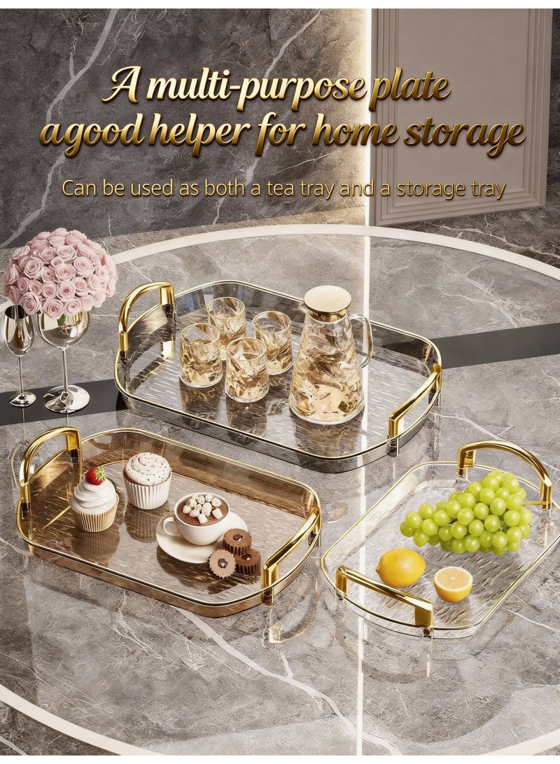 RESONIX 3 PCS  luxurious Clear Serving Tray, With Polished Metal Handles, Serving Plate, Wavy Pattern Clear Tray, Spill-Proof Tray, Decorative Serving Tray for Coffee Table, Tea, Storage - Image 3