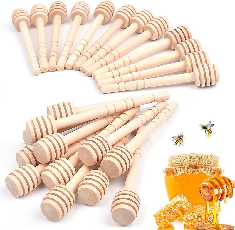 JIABEIUS 24 Pack Wooden Honey Dipper Sticks, 4 Inch Mini Honey Stirrer Stick, Small Honeycomb Stick for Honeys Jar Dispense Drizzle and Wedding Party Gift - Image 1