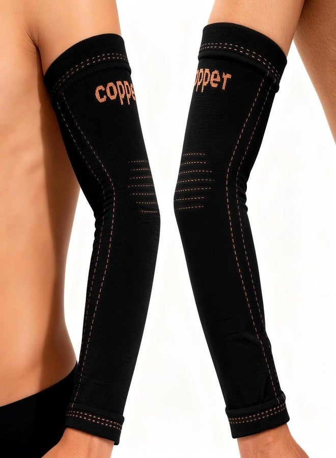 JIQUD Arm compression Sleeve (1 Pair),Copper Elbow Compression Sleeve,Elbow Brace for Tennis Elbow Tendonitis,Full Arm Sleeve for Men & Women,Sports Support & Recovery (Black, Medium) - Image 1