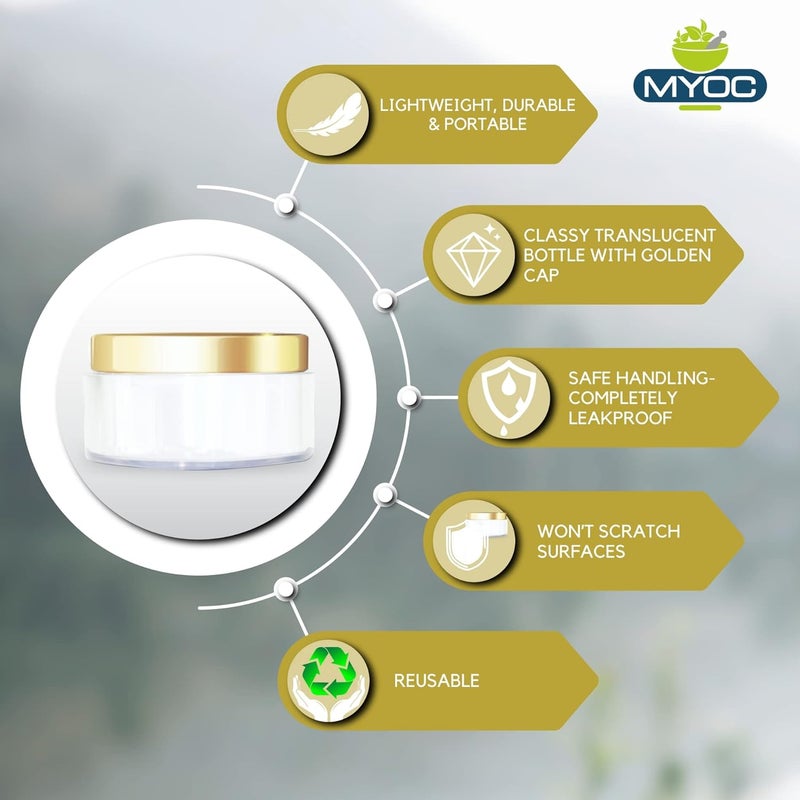Myoc MYOC Cosmetic Grade White Empty Plastic Storage Jar with Golden Top Lid Portable Refillable Reusable Cosmetic Screw Cap Container For Face Cream Lip Balm with Inner Lid Zero Spillage 50gm Pack of 6  - Image 2