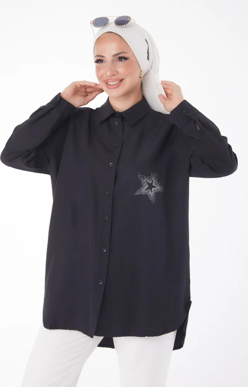 Tofisa Plain Shirt Collar Women's Black Shirt - 13238