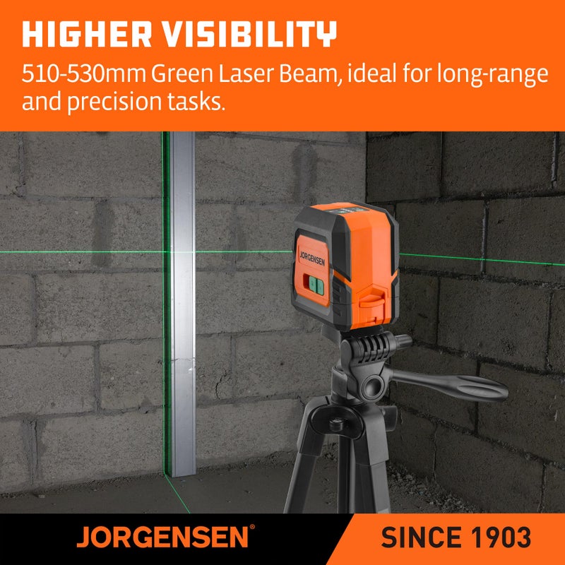 JORGENSEN Laser Level with Tripod & 2 Plumb Dots, 100 FT Self Leveling Point Cross Line Laser Leveler Tool, Wide Angle Green Laser Level for Picture Hanging, Indoor Project, Construction, Carry Bag - Image 3