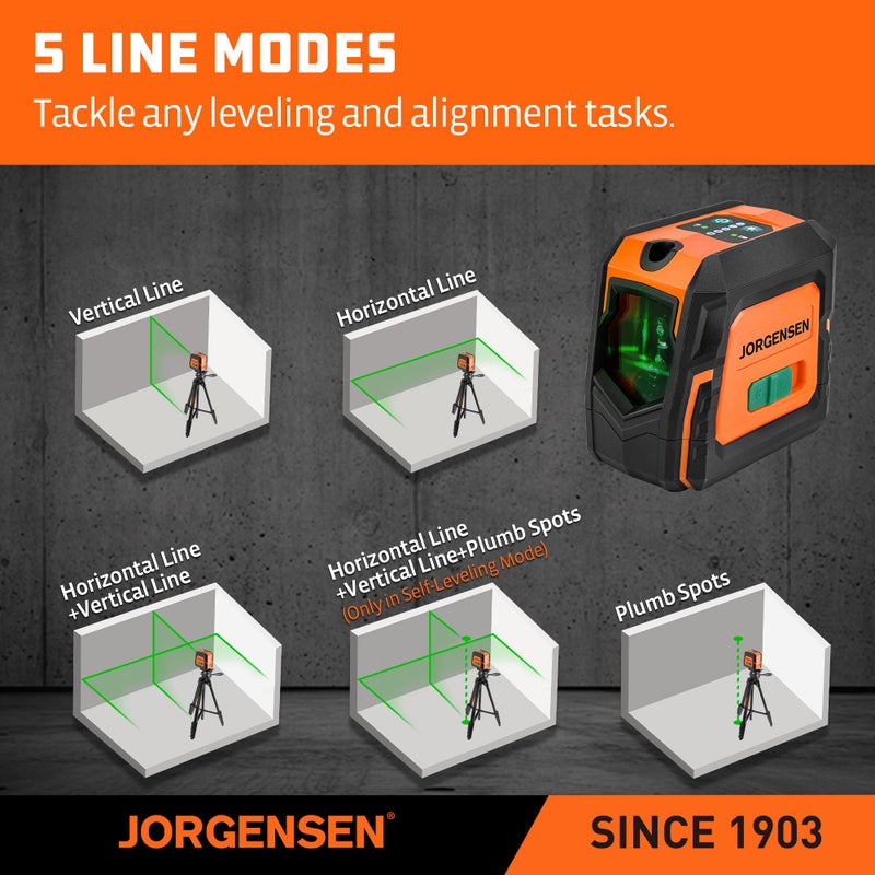 JORGENSEN Laser Level with Tripod & 2 Plumb Dots, 100 FT Self Leveling Point Cross Line Laser Leveler Tool, Wide Angle Green Laser Level for Picture Hanging, Indoor Project, Construction, Carry Bag - Image 4
